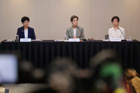 (From left) Second Minister for Finance Indranee Rajah, Minister for Digital Development and Information Josephine Teo and Acra chief executive Chia-Tern Huey Min at a press conference on Dec 19.