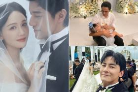 (Clockwise from left) Joe Chen held her wedding ceremony to Malaysian artist Alan Chen on Sept 22, with Ming Dao and Joseph Cheng as groomsmen.