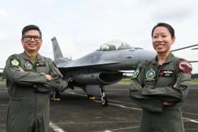 Lieutenant Colonel (NS) Ong Swee Chuan (left), one of two pilots doing the manoeuvre, and Senior Lieutenant-Colonel Lee Meiyi, who will be leading the F-16s.