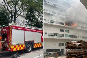 SCDF was alerted to a fire at about 12.55pm, and a unit on the fifth floor of the building was on fire when it arrived.