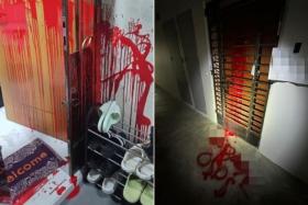 Red paint was found splashed on the residential units’ main doors and gates.