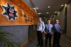 (From left) Assistant Superintendent of Police Michael Ho, Deputy Superintendent Alvin Lin and Inspector Ong Tiam Huat from the CID’s unlicensed moneylending strike force.